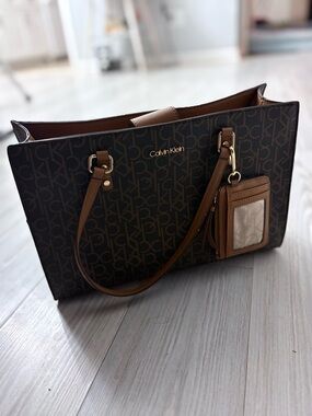 Calvin Klein Dark Brown Monogram Tote with Tan Leather